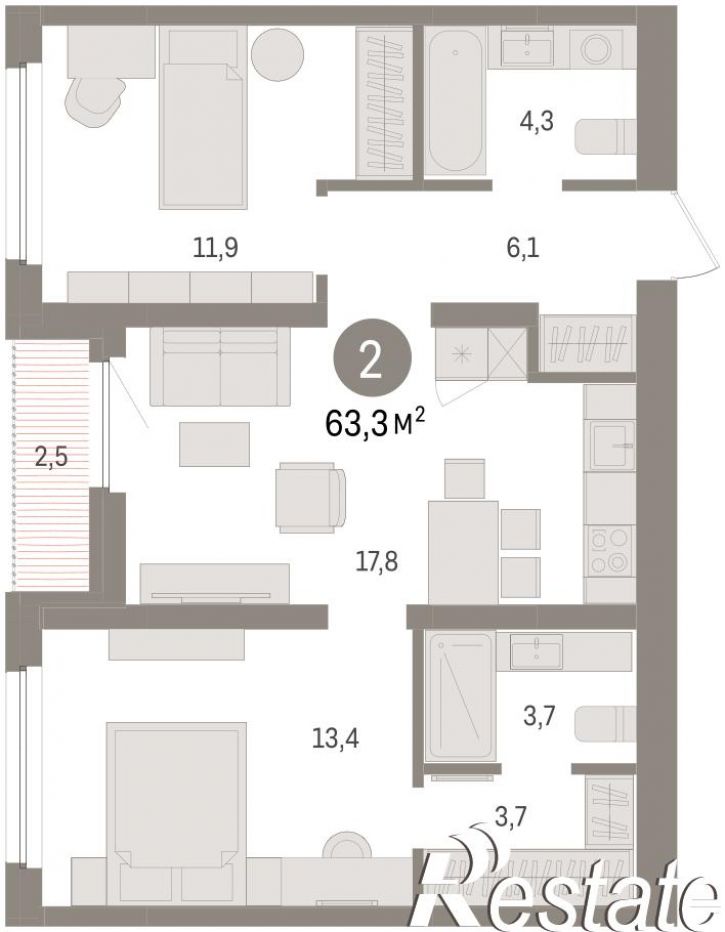 3-комн квартира в новом доме Мысовская, 22