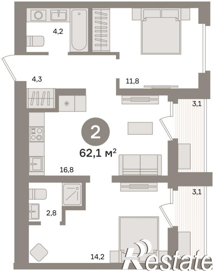 2-комн квартира в новом доме Мысовская, 22