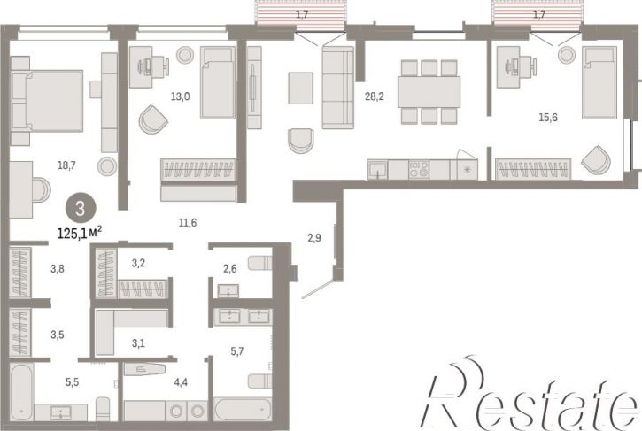 3-комн квартира в новом доме Республики, 205
