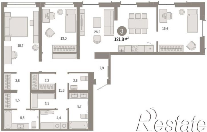 3-комн квартира в новом доме Республики, 205