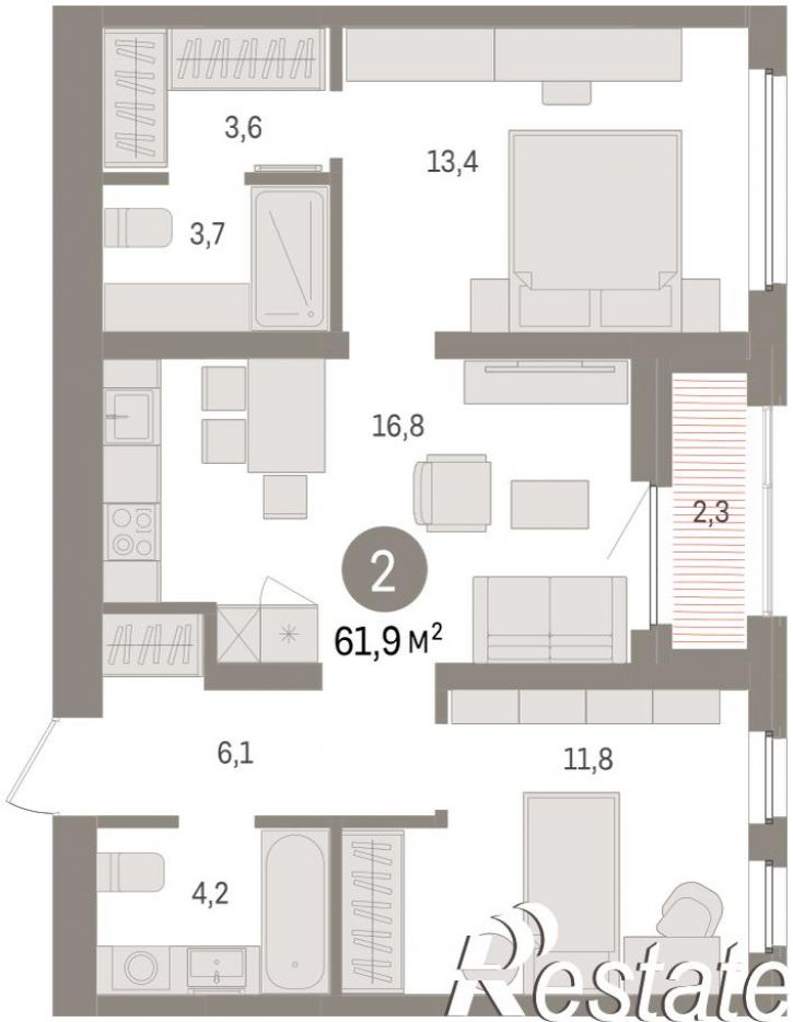 3-комн квартира в новом доме Мысовская, 22