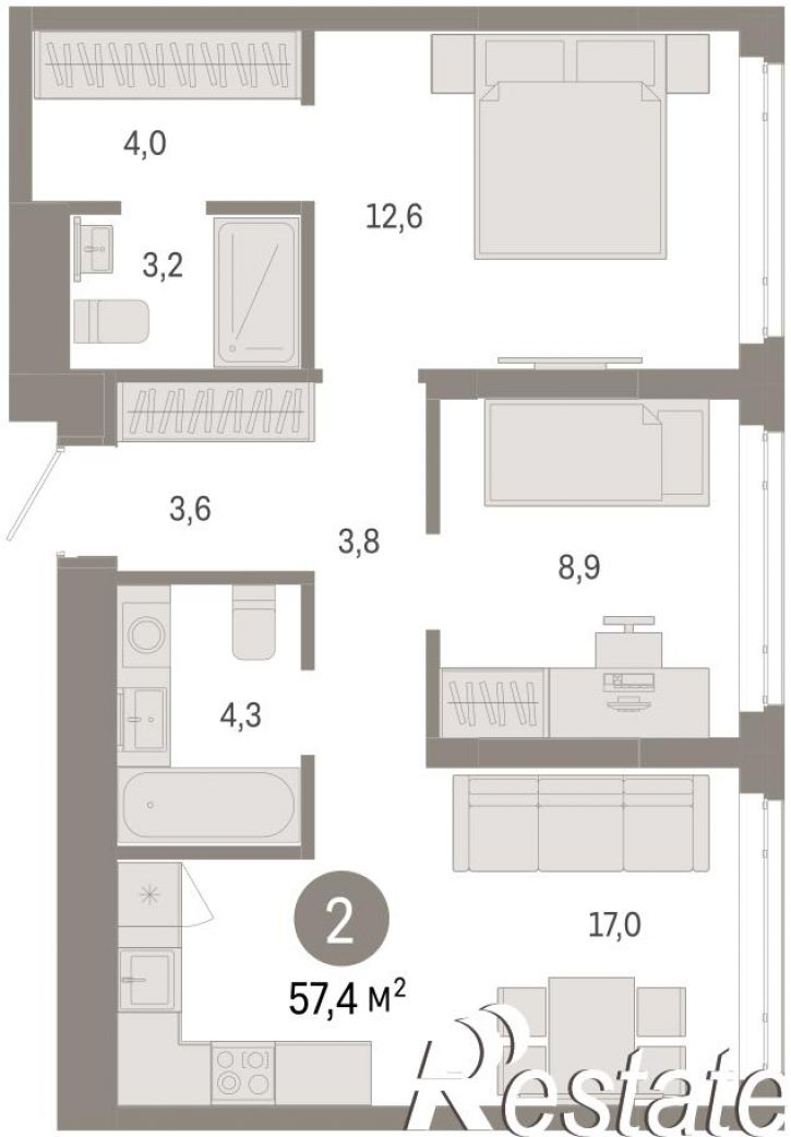 2-комн квартира в новом доме Республики, 205