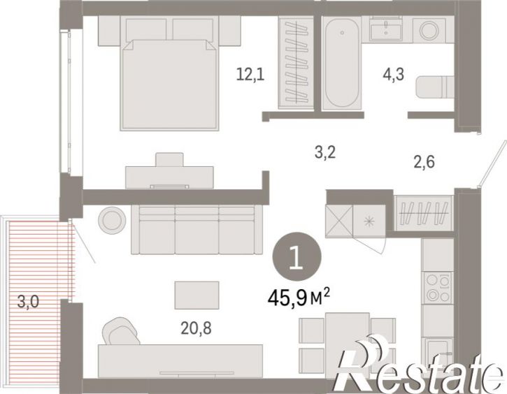 1-комн квартира в новом доме Республики, 205