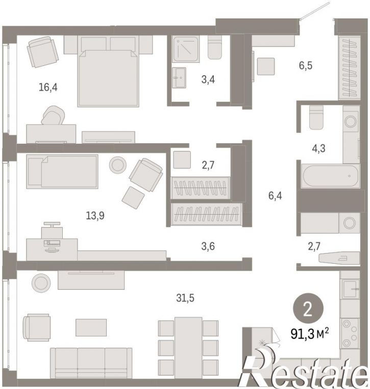 2-комн квартира в новом доме Республики, 205