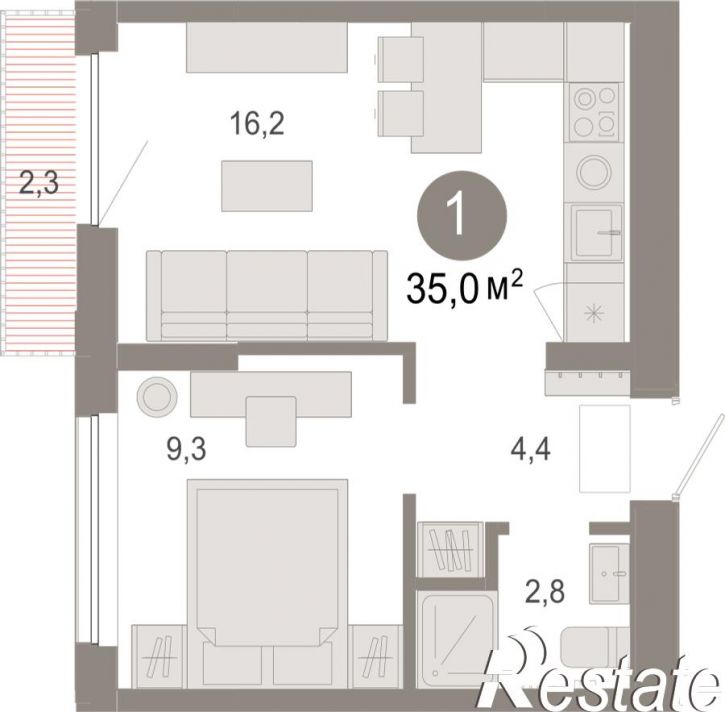 1-комн квартира в новом доме Краснооктябрьская, 4, корп.5
