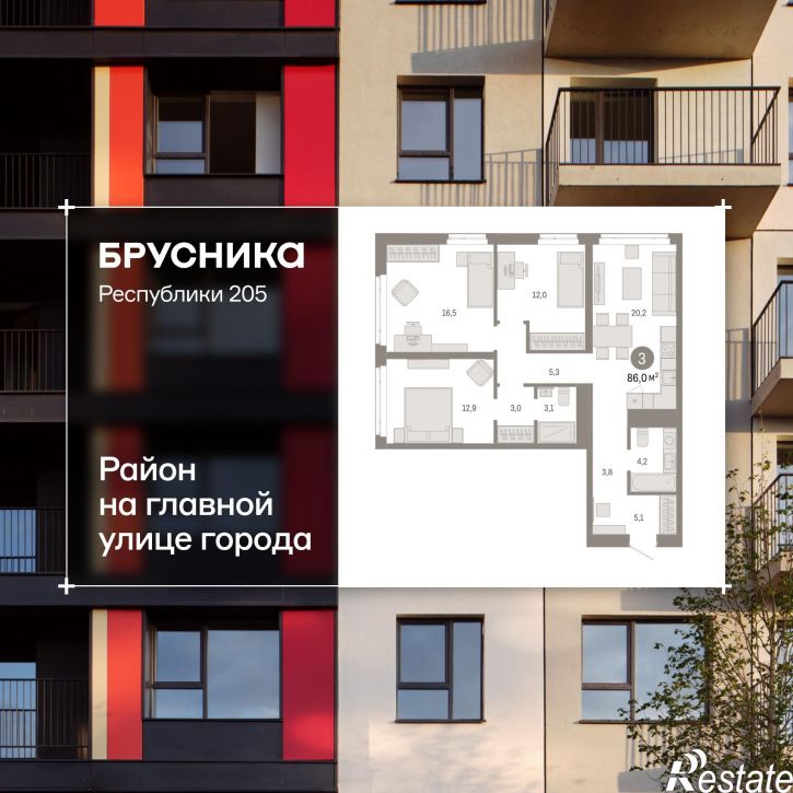 3-комн квартира в новом доме Республики, 205