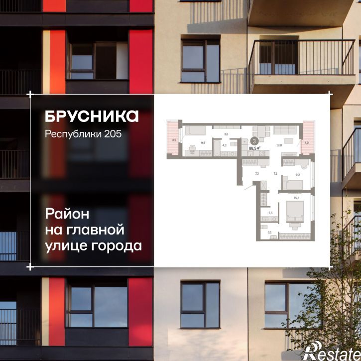 3-комн квартира в новом доме Республики, 205