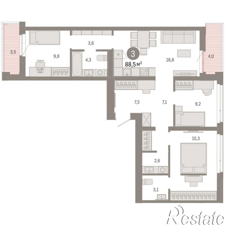 3-комн квартира в новом доме Республики, 205