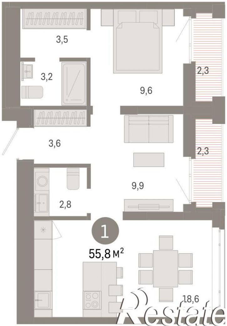 2-комн квартира в новом доме Республики, 205