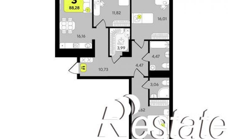 3-комн квартира в новом доме улица Разведчика Кузнецова, 10,  д. 10