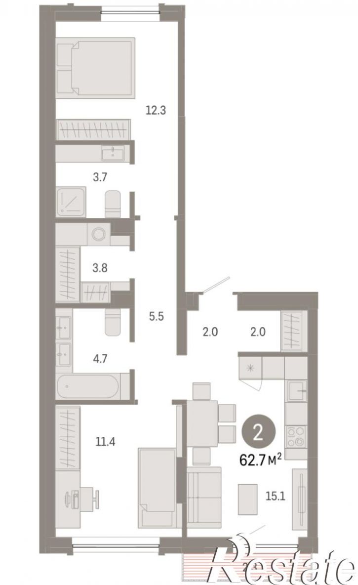 2-комн квартира в новом доме Томская, 60А