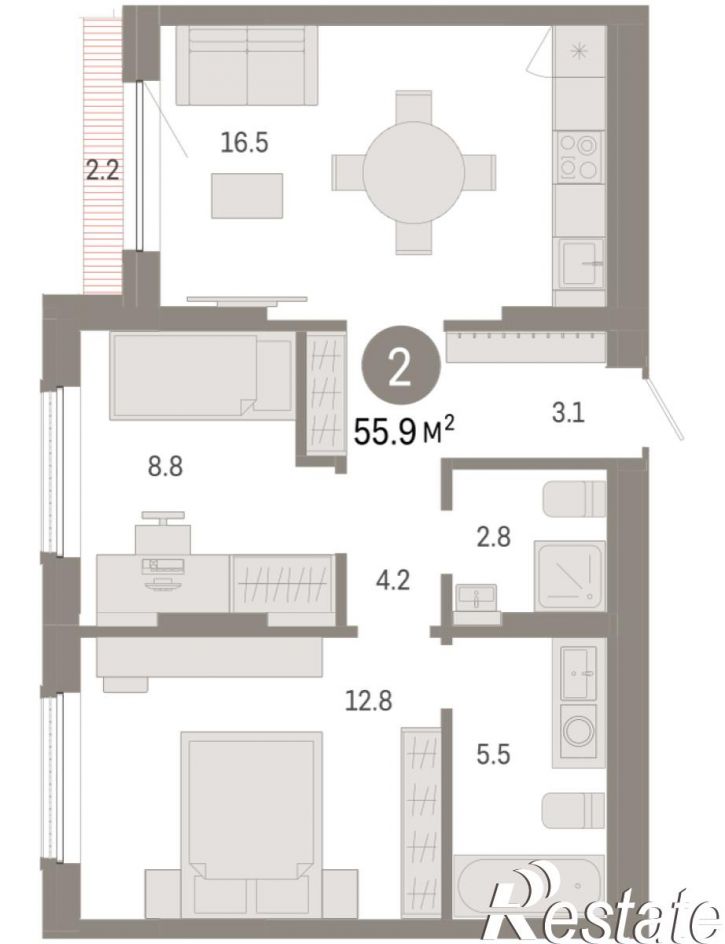 2-комн квартира в новом доме Томская, 60А