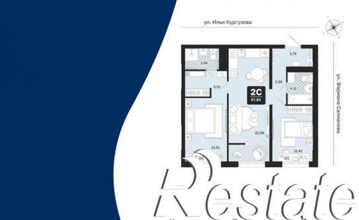 2-комн квартира в новом доме улица Фармана Салманова, 1 к3,  д. 1 к3